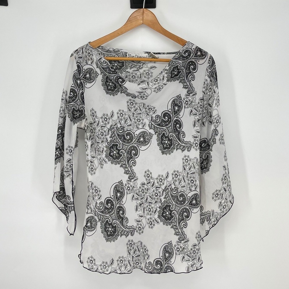 Vintage Black White Paisley  Print 3/4 Bell Sleeve Size M Y2K Whimsigoth‎ Fairy